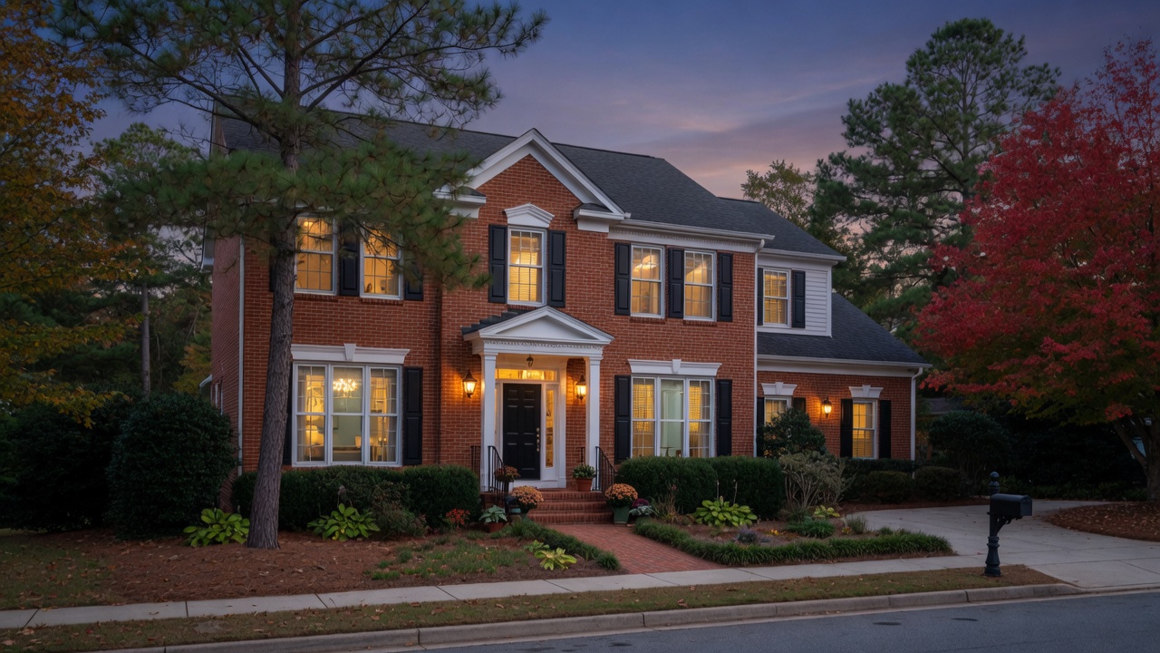 Brick colonial in Cary at dusk