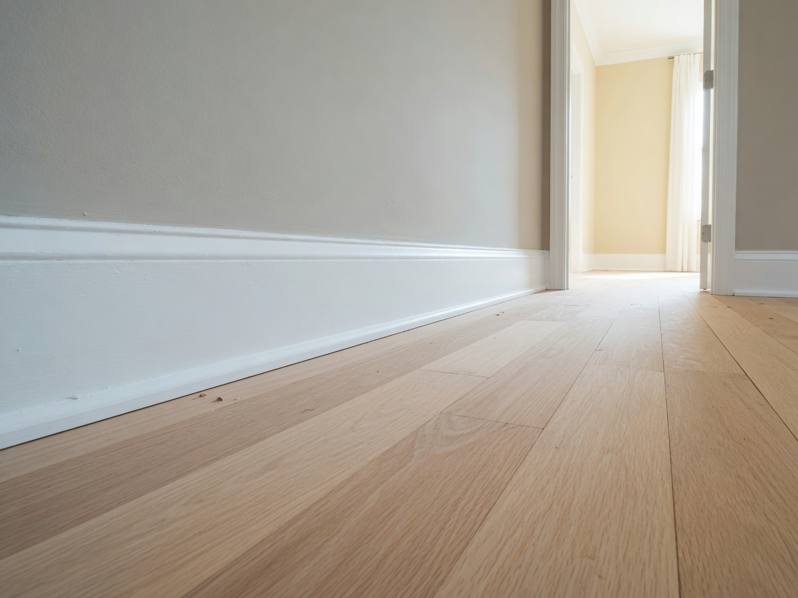 New white oak flooring meeting a painted baseboard