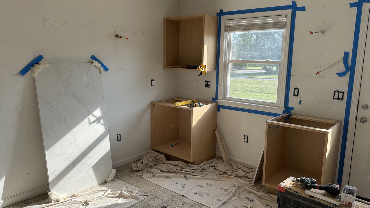 Kitchen remodel in progress with cabinet boxes and a quartz slab