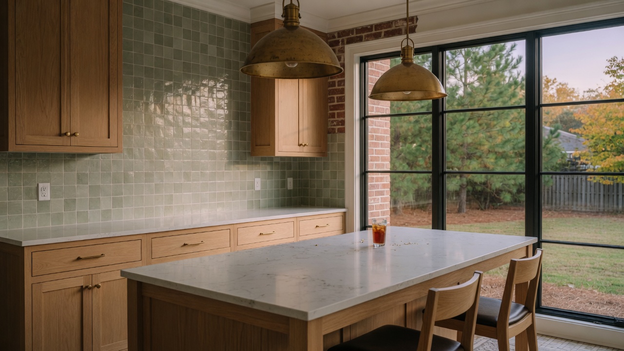 White oak kitchen with sage tile, brass pendants, and pines outside a Cary home