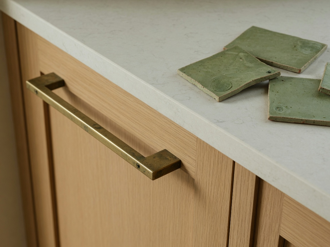 Oak cabinet, brass pull, quartz, and sage tile